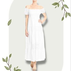 Anna-Kaci Women’s Boho Off-Shoulder Lace Maxi Dress with Smocked Detailing